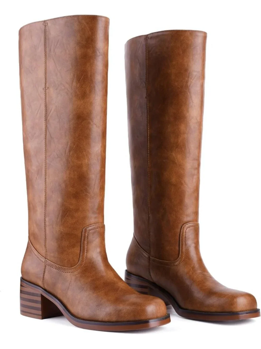 Women's Brown Chunky Block Heel Square Toe Going Out Knee High Riding Boots